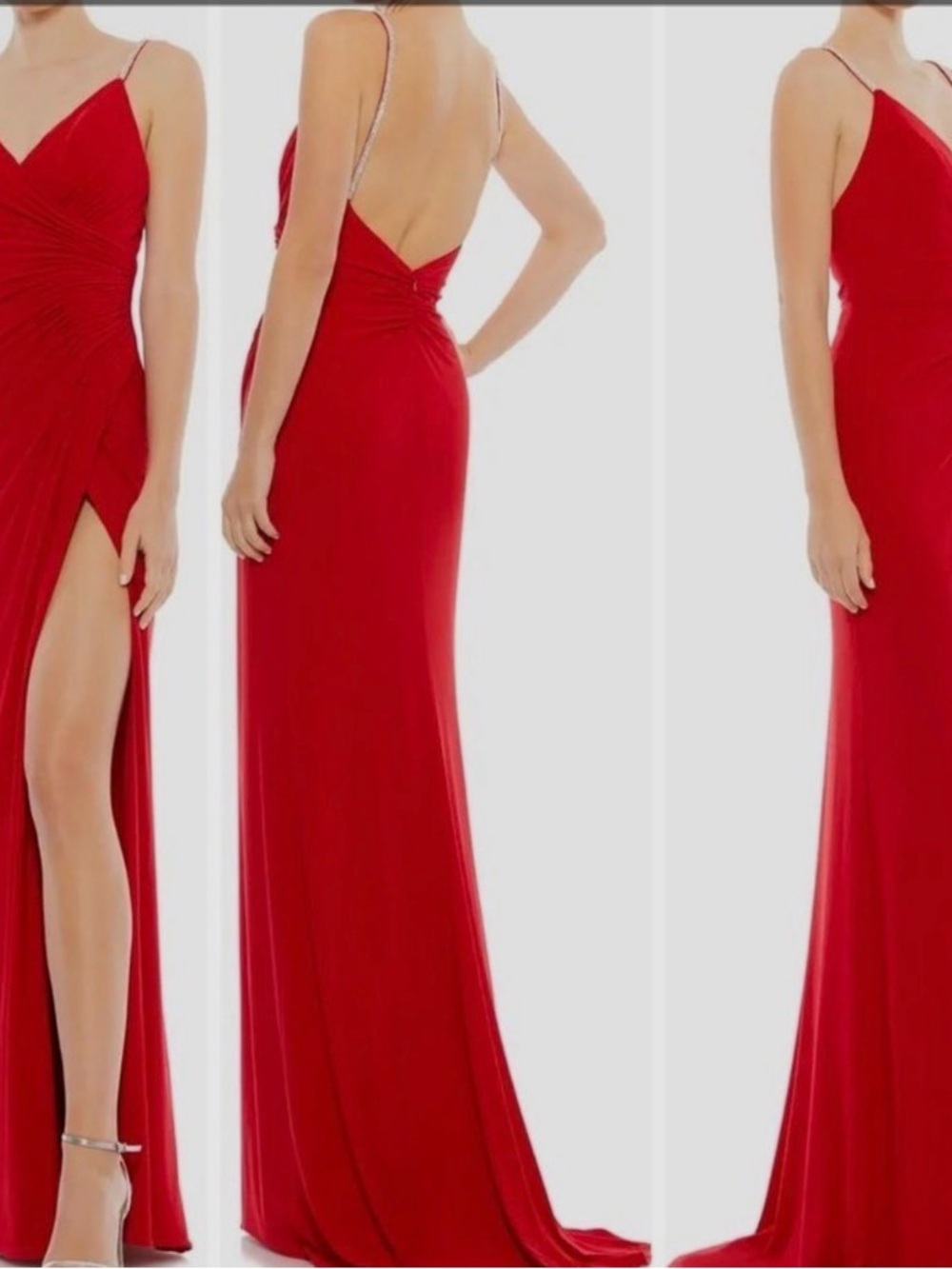 Mac Duggal Red Backless Spaghetti-Strap Evening Gown with High Slit